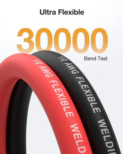 Beefy One-O Gauge Battery Cable With Lugs Dual 10 Foot Red And Black Power Wire High Current Low Resistance Copper Flexible EPDM Jacket 1703 Strands Oxygen Free Copper For Stable Heavy Duty Output, red and black cable bend test