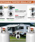 2 Stage Auto Changeover Propane Regulator With Gauge And 18 Inch Stainless Steel Braided Hose For RVs Campers And Trailers No Fuss Setup QCC1 Compatible Three Eighth Inch NPT Female Outlet showing switchable pointer indicator and propane tanks in front of RV.