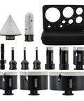 Front view of DT-DIATOOL tile hole saw kit with diamond core bits 6–100 mm and case.