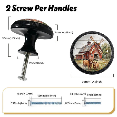 Straight Up Rustic Charm Four Pack Highland Cow Crystal Glass Round Cabinet Knobs Drawer Pulls with measurements and details.