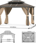 13X10 Ft Hardtop Gazebo With All Weather Aluminum Frame And Double Polycarbonate Roof, Netting And Curtains, front view