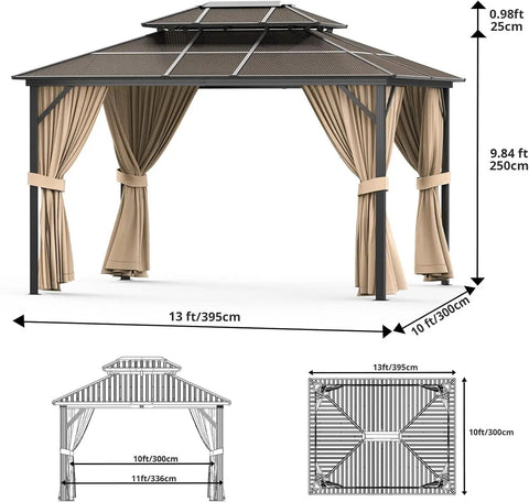 13X10 Ft Hardtop Gazebo With All Weather Aluminum Frame And Double Polycarbonate Roof, Netting And Curtains, front view