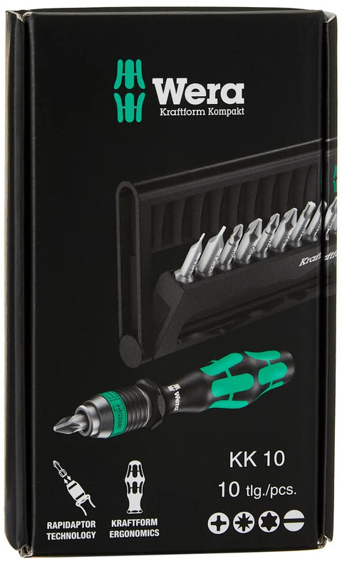 Box of Kraftform Kompakt 10 Piece Screwdriver Set With Rapidaptor Bit Holder, 9 Bits And Flip Up Case For Easy Grab And Go Transport