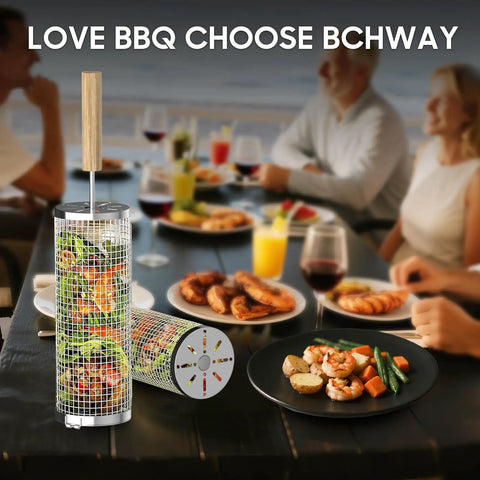 Rolling Grill Basket Set Of 2 With Removable Wooden Handle 304 Stainless Steel Rotating Mesh Baskets used for grilling at BBQ