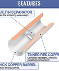 Beefy 460 Piece Non Insulated Butt Connectors Kit For 24 To 8 Gauge Wire Uninsulated Butt Splice Connectors Tinned Red Copper Electrical Crimp Terminals showing copper barrel and separator.