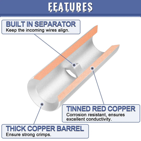 Beefy 460 Piece Non Insulated Butt Connectors Kit For 24 To 8 Gauge Wire Uninsulated Butt Splice Connectors Tinned Red Copper Electrical Crimp Terminals showing copper barrel and separator.