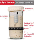 Sourdough Starter Kit With Date Marked Feeding Band Thermometer Jar Scraper Cloth Cover And Metal Lid Wide Mouth Container For Easy No Fuss Feeding And Keeping Your Starter Active, showing jar with thermometer, feeding tracker, cloth cover, and weight markings.