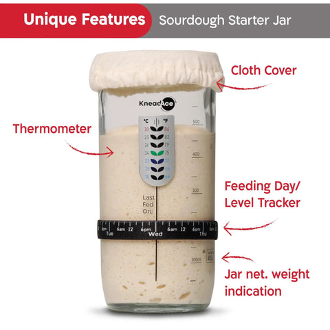 Sourdough Starter Kit With Date Marked Feeding Band Thermometer Jar Scraper Cloth Cover And Metal Lid Wide Mouth Container For Easy No Fuss Feeding And Keeping Your Starter Active, showing jar with thermometer, feeding tracker, cloth cover, and weight markings.
