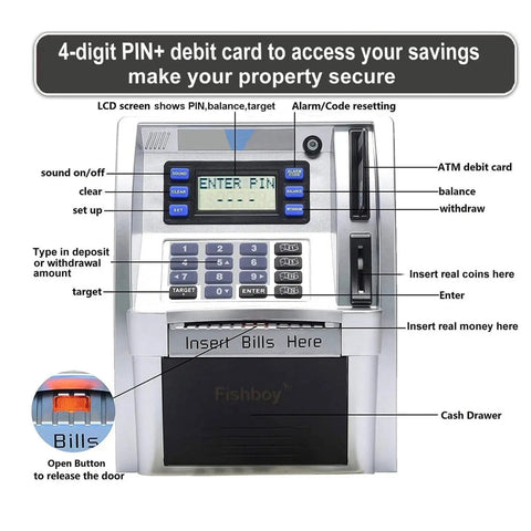 Cool Kids ATM Piggy Bank With Debit Card, LCD Screen And Voice Prompts showcasing buttons and note slot features