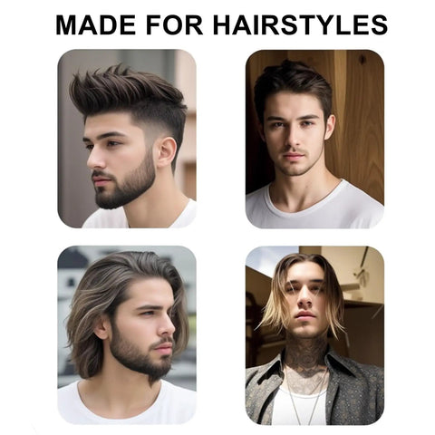 Four men with styled hair showcasing different hairstyles under the text 'Made for Hairstyles'.
