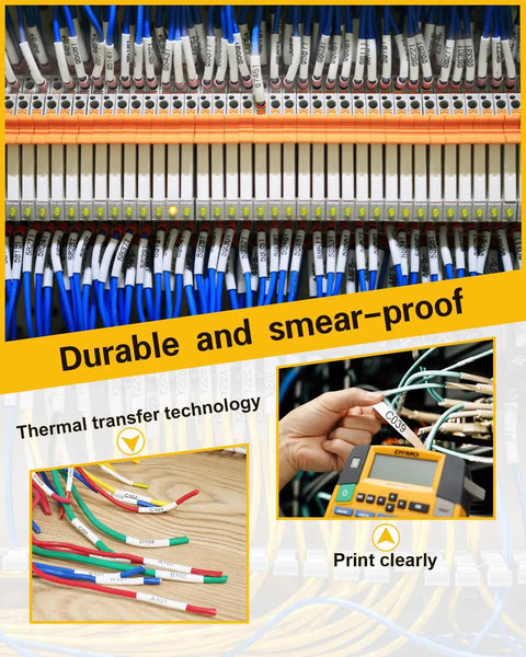 Killer Heat Shrink Labels Compatible With Dymo 18051 18053 18055 Replacement Tubing Tape on labeled cables in installation.