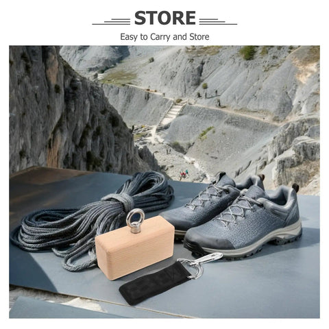 Wood Grip Trainer for Climbing and Lifting, beech wood block with detachable design, khaki finish, next to climbing gear.