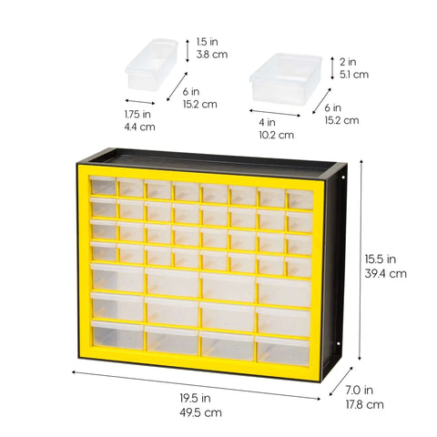Totally Rad Plastic Hardware Organizer With Forty Four Drawers Badass Tool Storage For Screws Nuts Bolts And Crafts Yellow wall-mounted dimensions displayed.