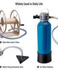 Garden hose kit with beige hose reel, blue lead-in hose, and pump connector hose.