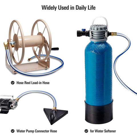 Garden hose kit with beige hose reel, blue lead-in hose, and pump connector hose.