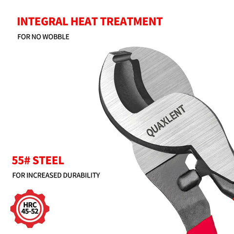 Heavy Duty 10 Inch Cable Cutter With High Leverage Handles Designed For Thick Copper Wire And Communication Cables Built From Rust Resistant Steel To Cut Like Butter Every Single Time close-up showing integral heat treatment and 55# steel durability.