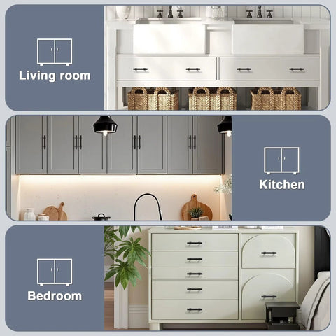 Matte Black Cabinet Pulls 5 Pack With 2.5 Inch Hole Centers shown installed in kitchen, living room, and bedroom cabinets.