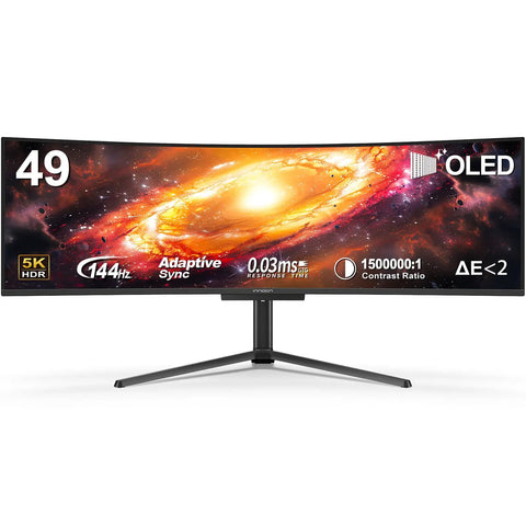 49 Inch OLED Ultrawide Curved Monitor With 5120x1440 Resolution And 144Hz Refresh, ideal for gaming and creator setups, front view.