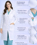 Med Pros Unisex Lab Coat With Belted Back 40 Inch White XL Lapel Collar Front Button Closure 1 Chest Pocket 2 Lower Pockets Durable Uniform Essential For Daily Lab Work displayed on a mannequin