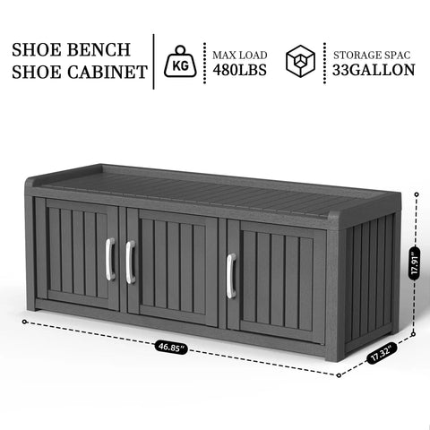 Waterproof Resin Shoe Bench With Adjustable Shelves, 2-Tier Hallway Storage Rack For Entryway, Living Room Or Bedroom, Indoor Outdoor Ready Black 3-Door Cabinet With Rustic Industrial Style For Shoes And More, front view