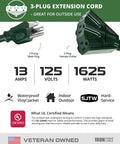 Diagram details of 100ft Green Outdoor Extension Cord With 3 Outlets 3 Prong, showing plug types and UL certification info.