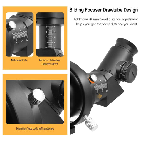 10x60 Finder Scope and 45 Degree Guide Scope With Illuminated Reticle Eyepiece showing sliding focuser drawtube design.