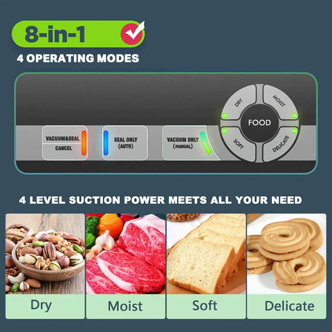 Precision Vacuum Sealer Machine For Food Freshness 8 in 1 presets dry moist soft delicate modes control panel