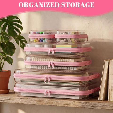 Top Shelf 12 Pack Clear Zipper Cases With 40 Label Stickers Stackable Travel Storage System Crush Resistant Pouches For Makeup Electronics Gear Pink Setup stacked on wooden shelf with assorted items.