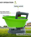 Electric Handheld Spreader For Seeds And Fertilizer With Type C Charging showing control buttons and green hopper