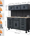 Dimensions of 72 Inch Rolling Tool Chest On Wheels With 11 Drawers, 3 Top Cabinets, Pegboard And Power Strip, Heavy Duty Mobile Garage Workbench.