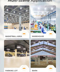 Multi-scene application of Beast Bright 150W UFO LED High Bay Lights in basketball area, warehouse, parking lot, and barn.
