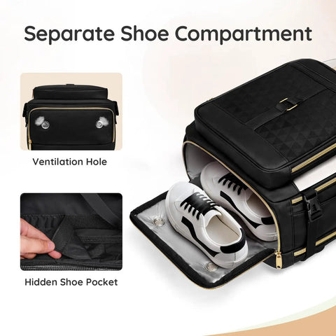 Carry On Travel Backpack With Shoe Compartment And Luggage Tag, TSA Approved Personal Item Bag, black with ventilation holes.