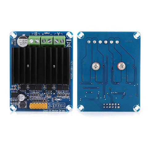 Dual Channel H Bridge Motor Driver Board 5V To 12V 0 To 30A DC Motor Controller with heat sink, front and back view
