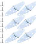Heavy Duty Iron T Shape Folding Hinges With Silver Polished Finish And Straight Predrilled Mounting Holes For 180 Degree Barn Doors And Commercial Entryways Built Legit To Take On Serious Daily Grind Work Smoothly, showing six hinges and mounting screws.