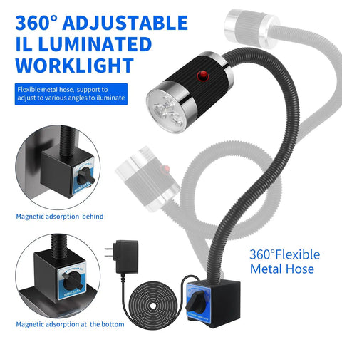 Ultra Bright Magnetic LED Work Light With Flexible And Magnetic Base For Lathe Workbench Sewing Machine Grill And Bandsaw 900 Lumen 10W Shop Tool Lamp Black For Industrial Projects Boss Grade showing adjustable arm and magnetic base.