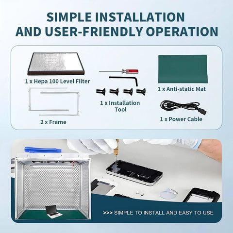 Triple Fan Laminar Flow Hood Boasts Hella Quiet Operation And Badass Aluminum Frame For A Sweet Clean Bench Experience Perfect For Phone Repair Or Lab Work Demanding Zero Dust And Killer Results. Kit includes HEPA filter, installation tool, frames, and cables.