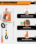 Heavy Duty 440 Lbs Portable Electric Hoist Winch With 110V Wireless Remote Control and Manual Lever Operation dimensions and control methods.