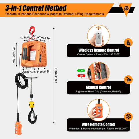 Heavy Duty 440 Lbs Portable Electric Hoist Winch With 110V Wireless Remote Control and Manual Lever Operation dimensions and control methods.