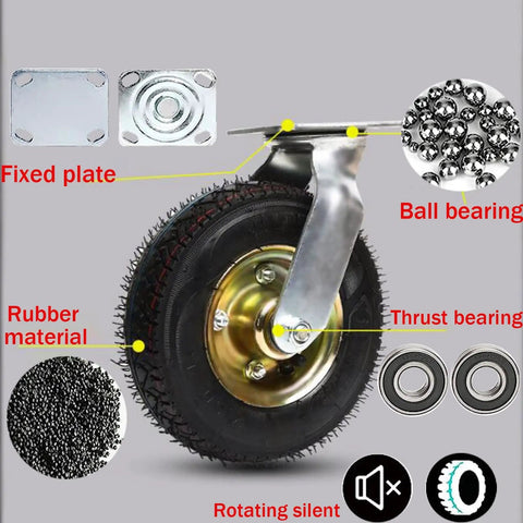 Built Tough Heavy Duty Pneumatic Swivel Caster Set Four Pack Premium Natural Rubber Wheels, fixed plate and ball bearings shown.