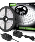 32.8 Foot Dimmable LED Strip Light With 600 High Brightness 2835 LEDs Daylight White 6000K Energy Saving Easy Install