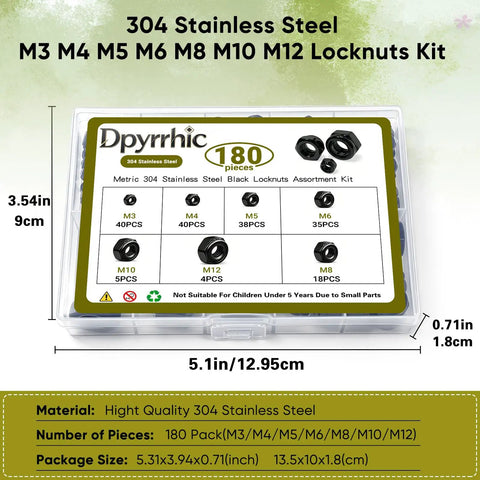 Black 304 Stainless Steel Lock Nuts Kit With Nylon Insert 180 Pcs Seven Metric Sizes M3 To M12 package dimensions