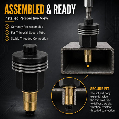 Pro Grade Rivet Nut Tool Set For DIY Metalwork, Manual Rivet Gun Head Kit With Interchangeable Mandrels 5 6 7 And Nuts 50 60 70, Metric Range M3 To M12, Heavy Duty, Easy To Use, Beef Up Your Sheet Metal Fabrication installed in thin-wall square tube