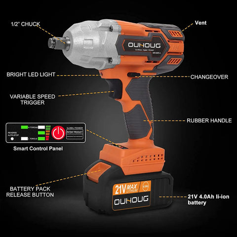 Cordless 1/2-Inch Impact Wrench With 21V Battery, 442 Ft-Lbs Max Torque, 3200 RPM, 4.0Ah Li-Ion Pack, tool features visible