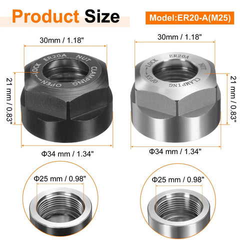 ER20 A M25 Collet Nut With Dynamic Balance Holes In 40Cr Alloy Steel, Black and Bright Silver Finish, Dimensions Labelled