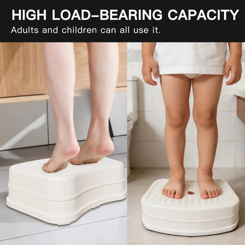 Heck Of A Sturdy Kids Step Stool With Super Grippy Non Slip Feet For Little Ones Reaching The Bathroom Sink Or Finishing Potty Training Without Any Wobbles, shown in use by a child and adult standing on it.