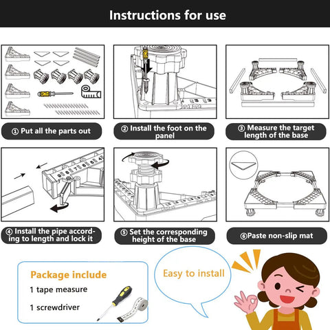Assembly instructions for Mobile Base Stand With Four Strong Feet For Fridge And Washer Adjustable Refrigerator Stand