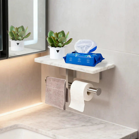 Wall Mounted Toilet Paper Holder With Natural Marble Shelf For Mega Rolls, Brushed Nickel Finish, Heavy Duty Bathroom Organizer