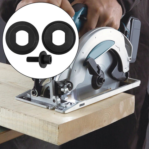 Beefy Heavy Duty Circular Saw Blade Adapter Kit With Reversible Inner Flange M6 Left Hand Thread Screws 16mm Bore Includes 20mm And 30mm Blade Adapters For DSS610 DSS611 BSS610 BSS611 Replacement Washer Set, shown with parts and tool in use on wood.