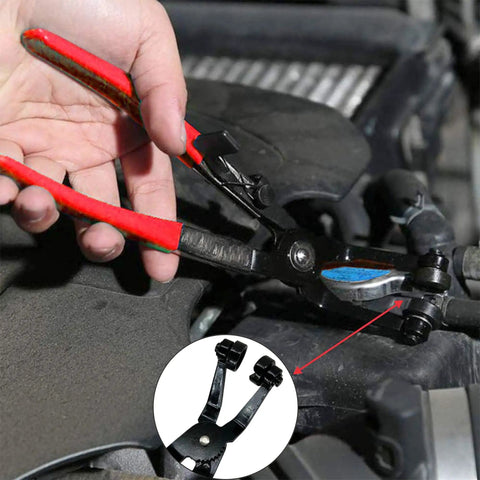 Three Piece Hose Clamp Pliers Kit With Long Reach Wire Spring Clamp Remover in use on car engine for hose repair