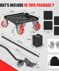 Heavy Duty Five Wheel Furniture Dollies Rocking 1500 Pound Capacity Industrial Carbon Steel Base with accessories and dimensions.